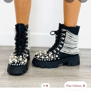 Elegant Pearl-Studded Black Combat Boots